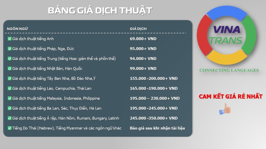 Bảng báo giá dịch thuật công chứng tại Huyện Thái Thụy